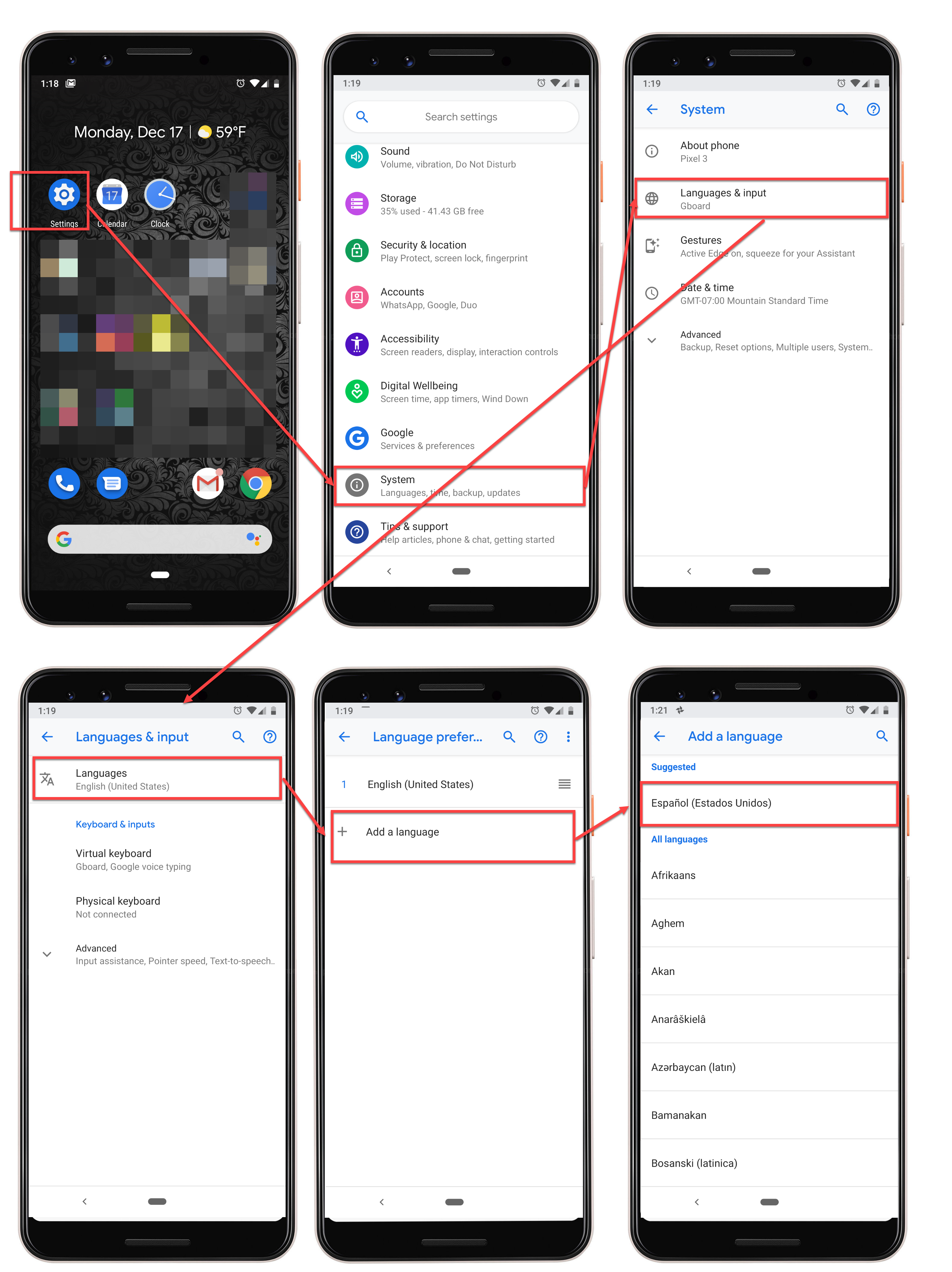 Android Language Settings on Pixel 3/3XL