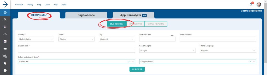 Mobile SERP Checker - MobileMoxie SERPerator