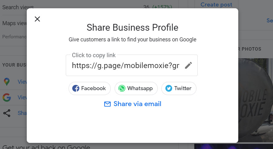 GMB Profile Share Link Modal - Google My Business
